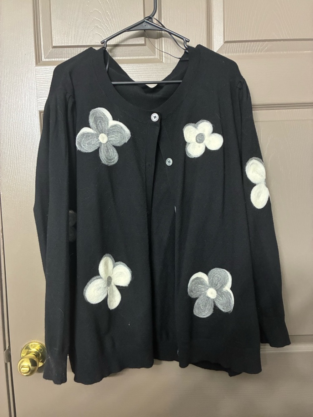 Aaeda Black Cardigan with White Flower Appliqués